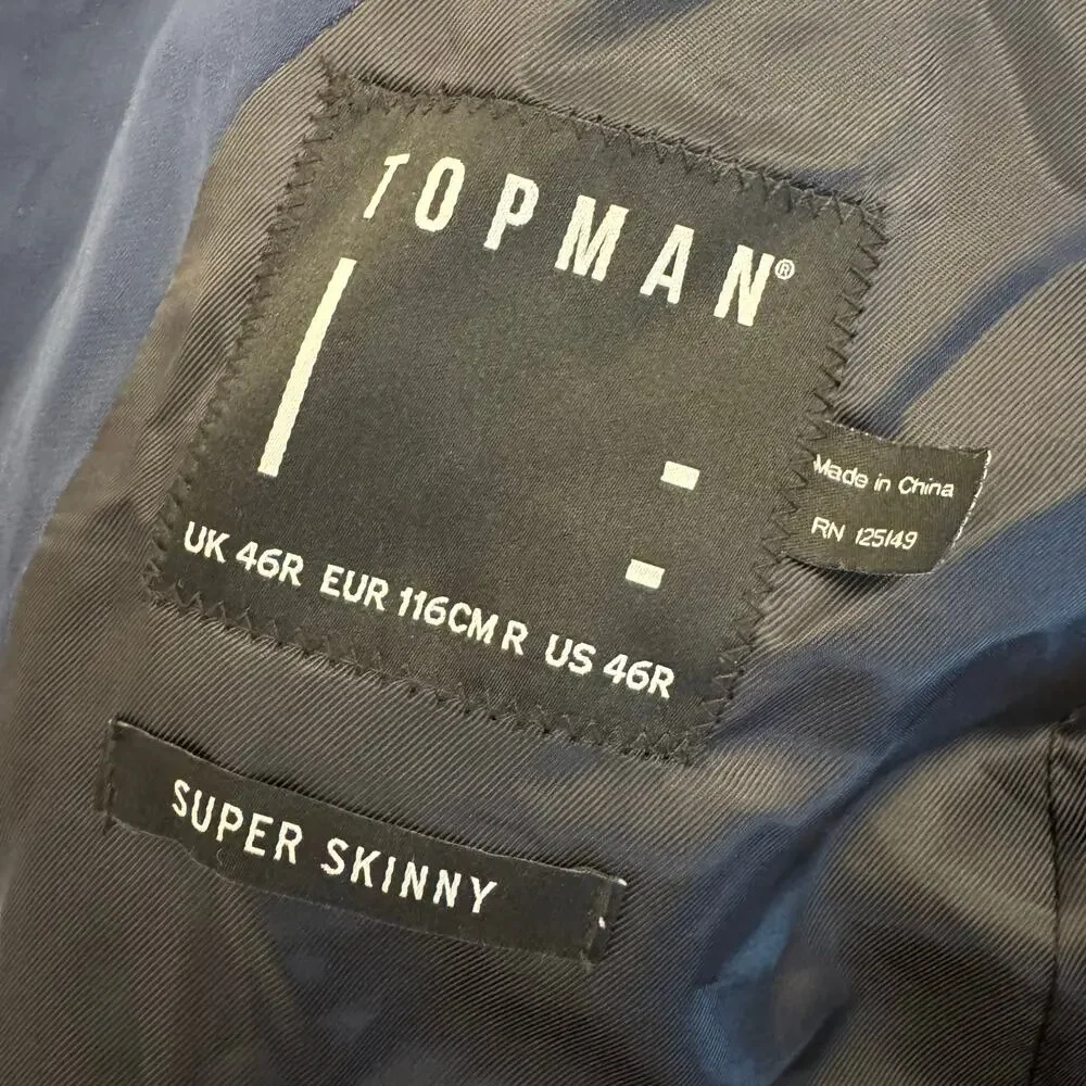 Topman Blue One Button Super Skinny Single Breasted Blazer Suit Jacket 46R